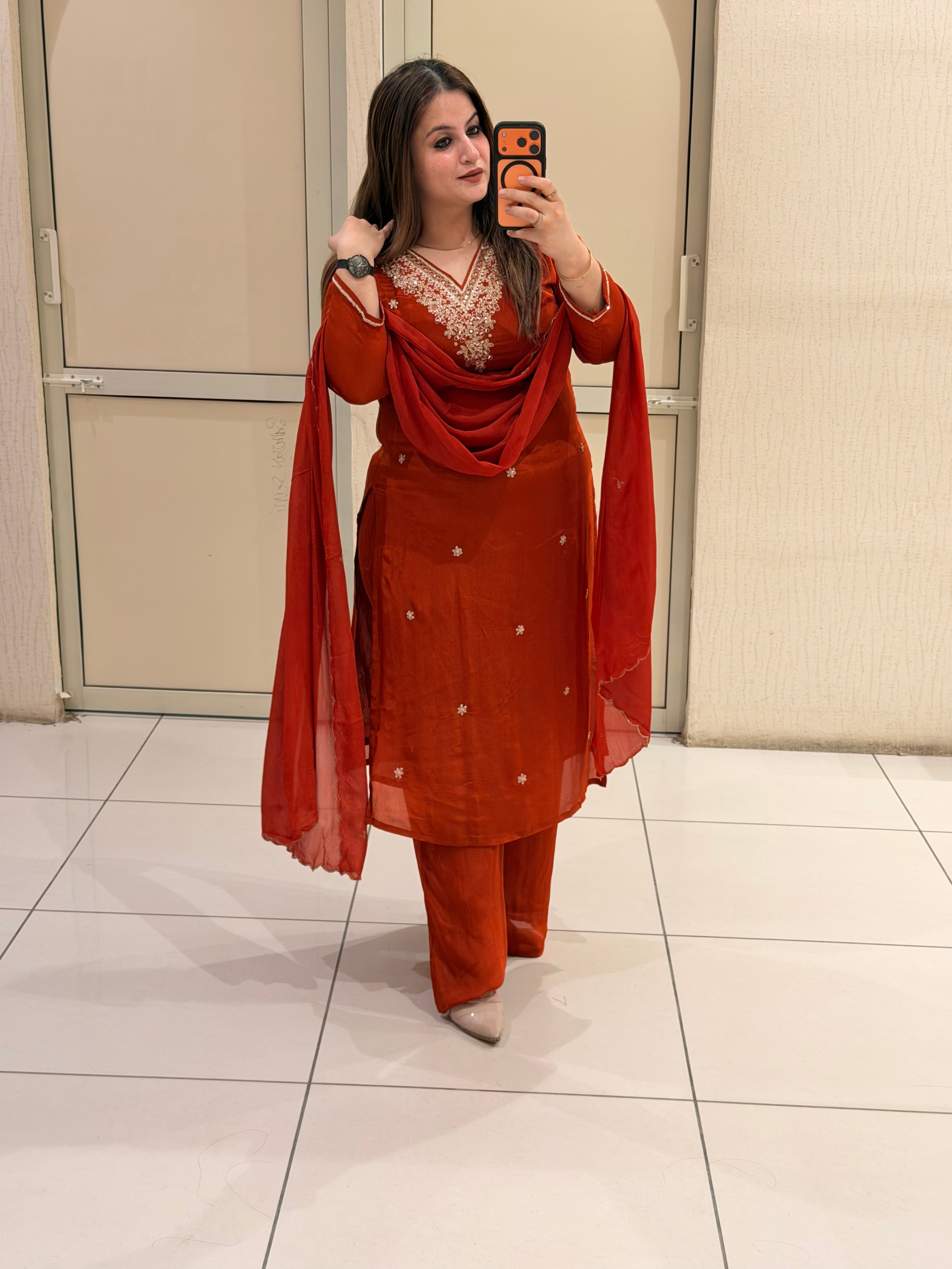 Red Chinon Embroidered Party Wear Suit Set