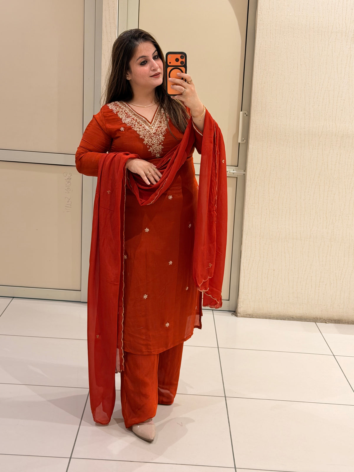 Red Chinon Embroidered Party Wear Suit Set