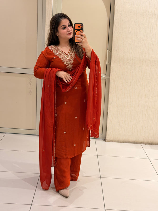 Red Chinon Embroidered Party Wear Suit Set