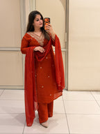 Red Chinon Embroidered Party Wear Suit Set