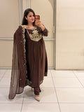 Coffee Brown Chinon Embroidered Party Wear Suit Set