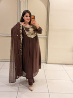 Coffee Brown Chinon Embroidered Party Wear Suit Set