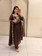 Coffee Brown Chinon Embroidered Party Wear Suit Set