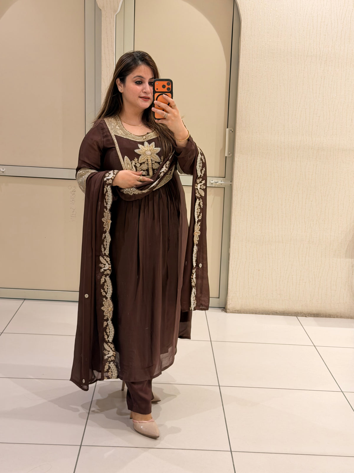 Coffee Brown Chinon Embroidered Party Wear Suit Set
