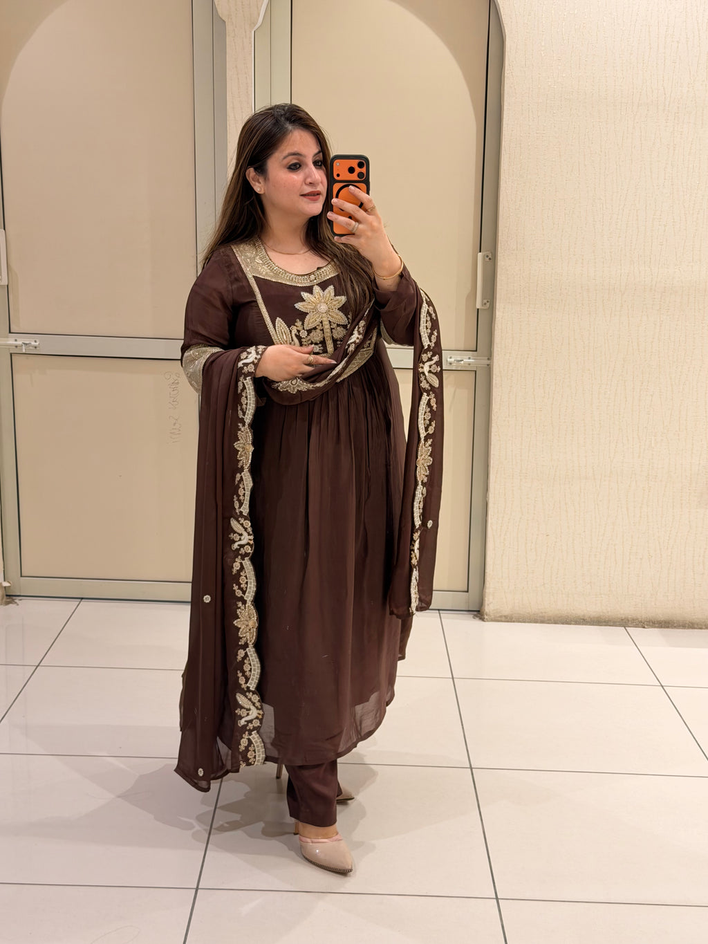 Coffee Brown Chinon Embroidered Party Wear Suit Set