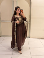 Coffee Brown Chinon Embroidered Party Wear Suit Set