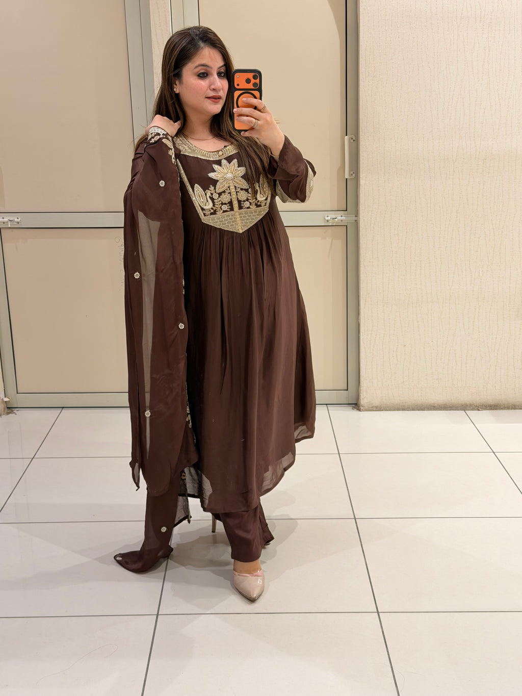 Coffee Brown Chinon Embroidered Party Wear Suit Set