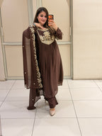 Coffee Brown Chinon Embroidered Party Wear Suit Set