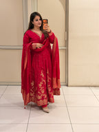 Rani Pink Silk Embroidered Anarkali Suit Set with Banarasi Dupatta
