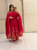 Rani Pink Silk Embroidered Anarkali Suit Set with Banarasi Dupatta