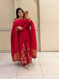 Rani Pink Silk Embroidered Anarkali Suit Set with Banarasi Dupatta