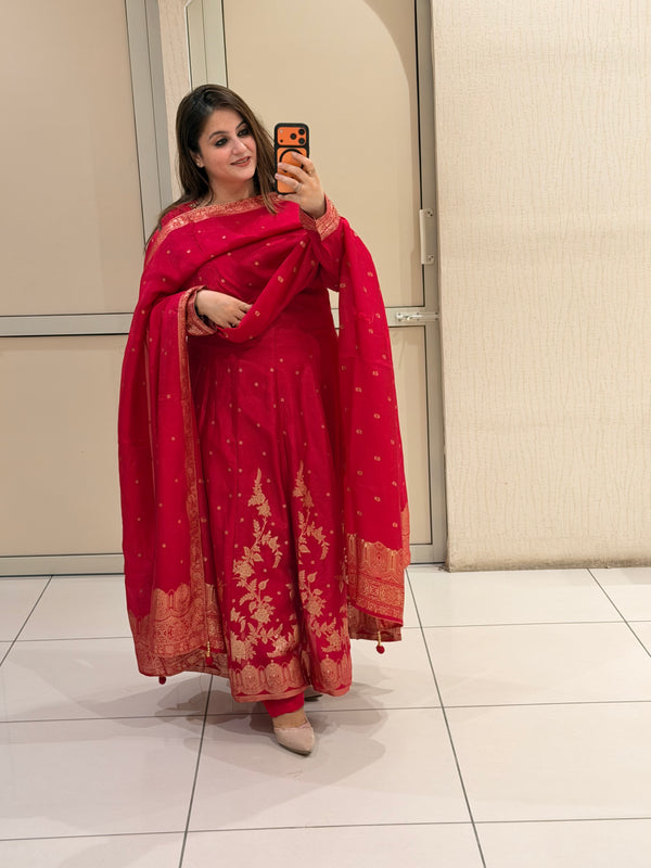Rani Pink Silk Embroidered Anarkali Suit Set with Banarasi Dupatta