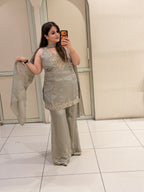 Elegant Grey Embroidered Party Wear Palazzo Suit Set