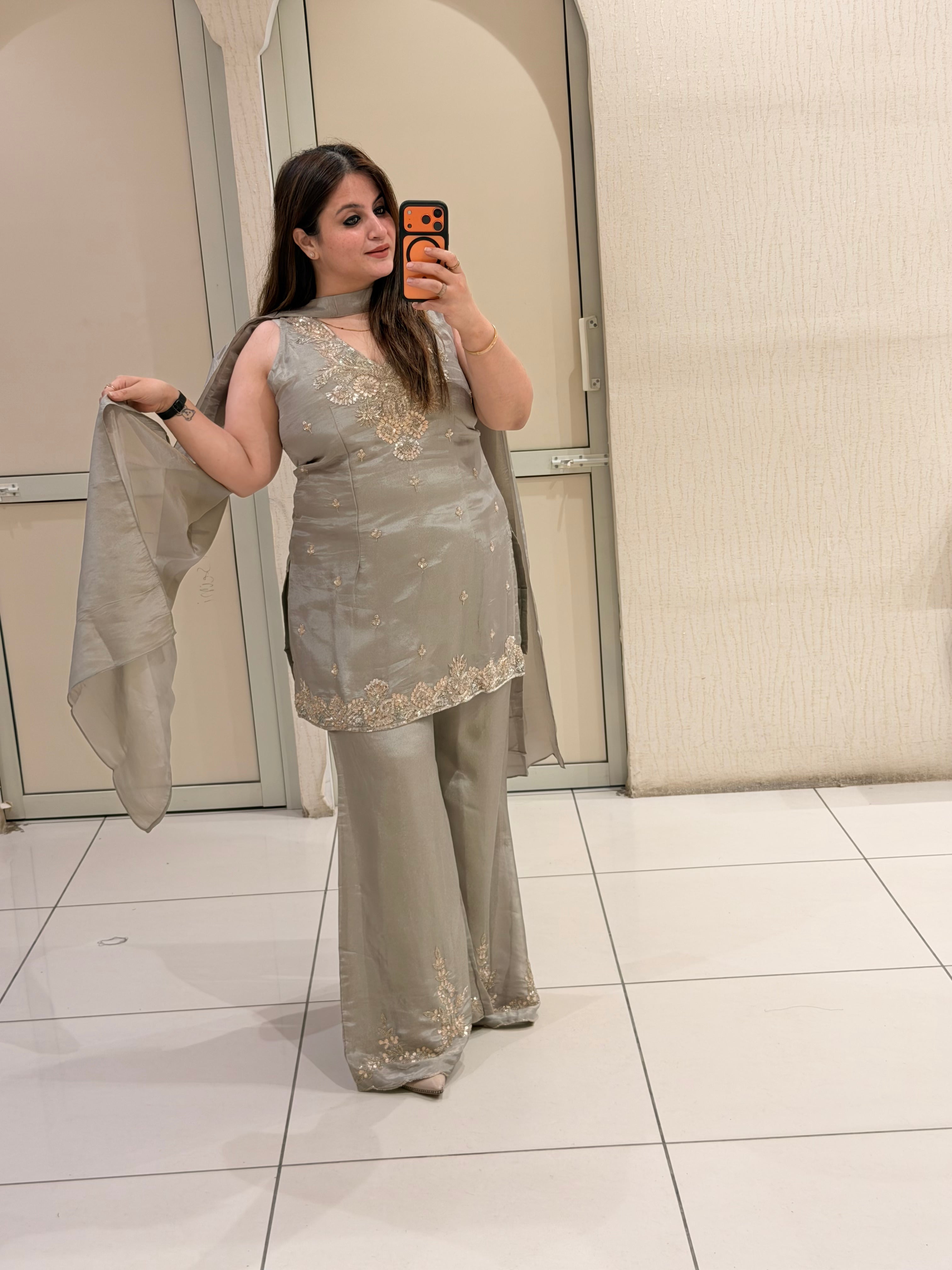 Elegant Grey Embroidered Party Wear Palazzo Suit Set