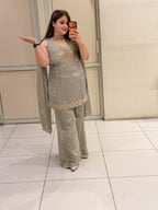 Elegant Grey Embroidered Party Wear Palazzo Suit Set