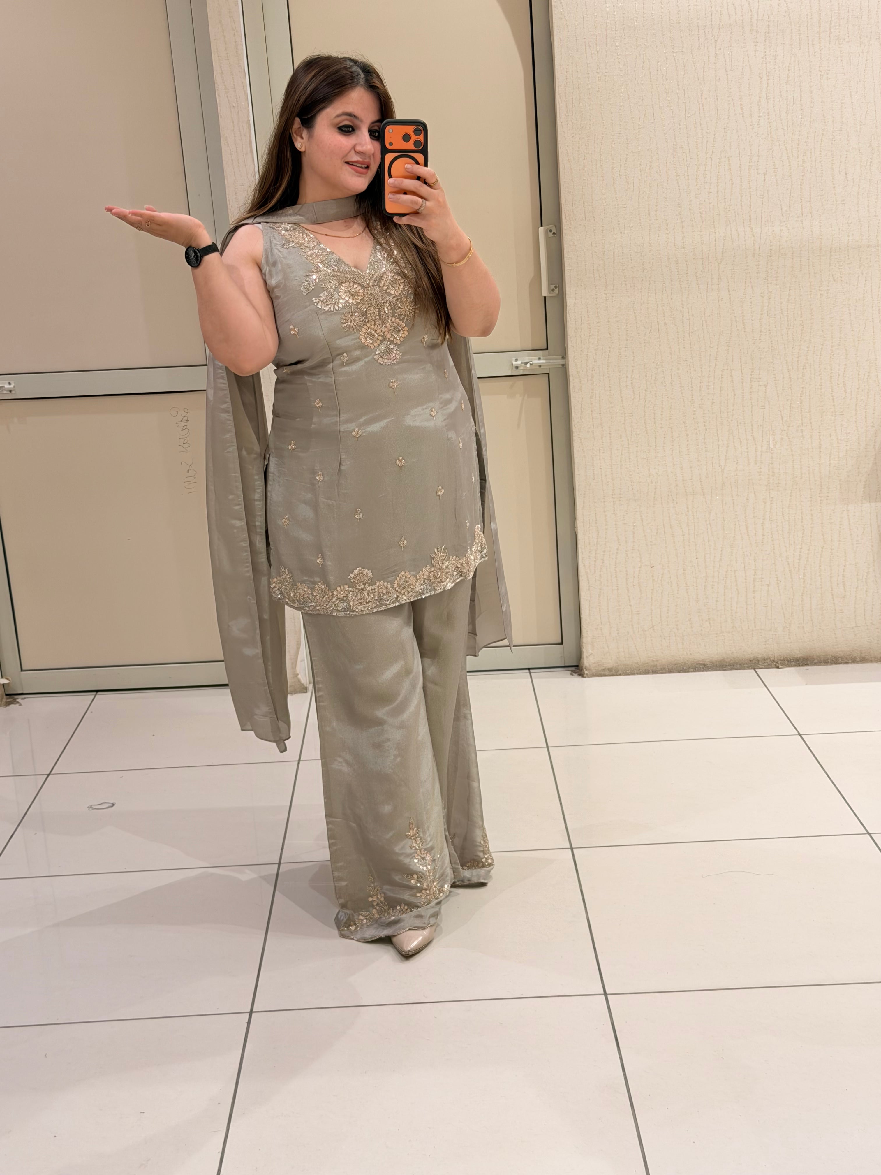 Elegant Grey Embroidered Party Wear Palazzo Suit Set