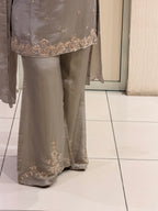 Elegant Grey Embroidered Party Wear Palazzo Suit Set