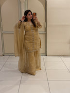 Mustard Yellow Embroidered Party Wear Sharara Suit Set