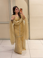 Mustard Yellow Embroidered Party Wear Sharara Suit Set