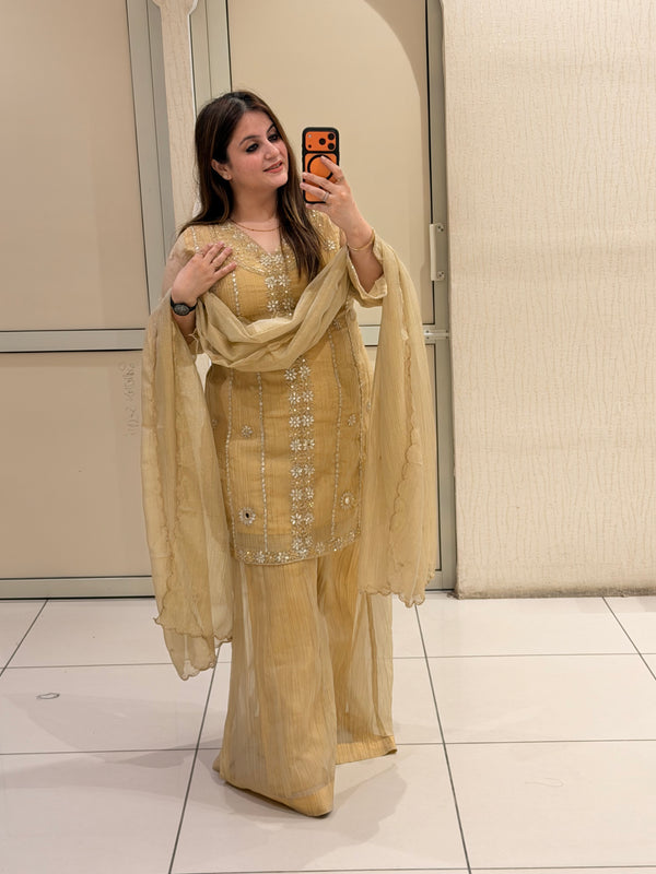 Mustard Yellow Embroidered Party Wear Sharara Suit Set