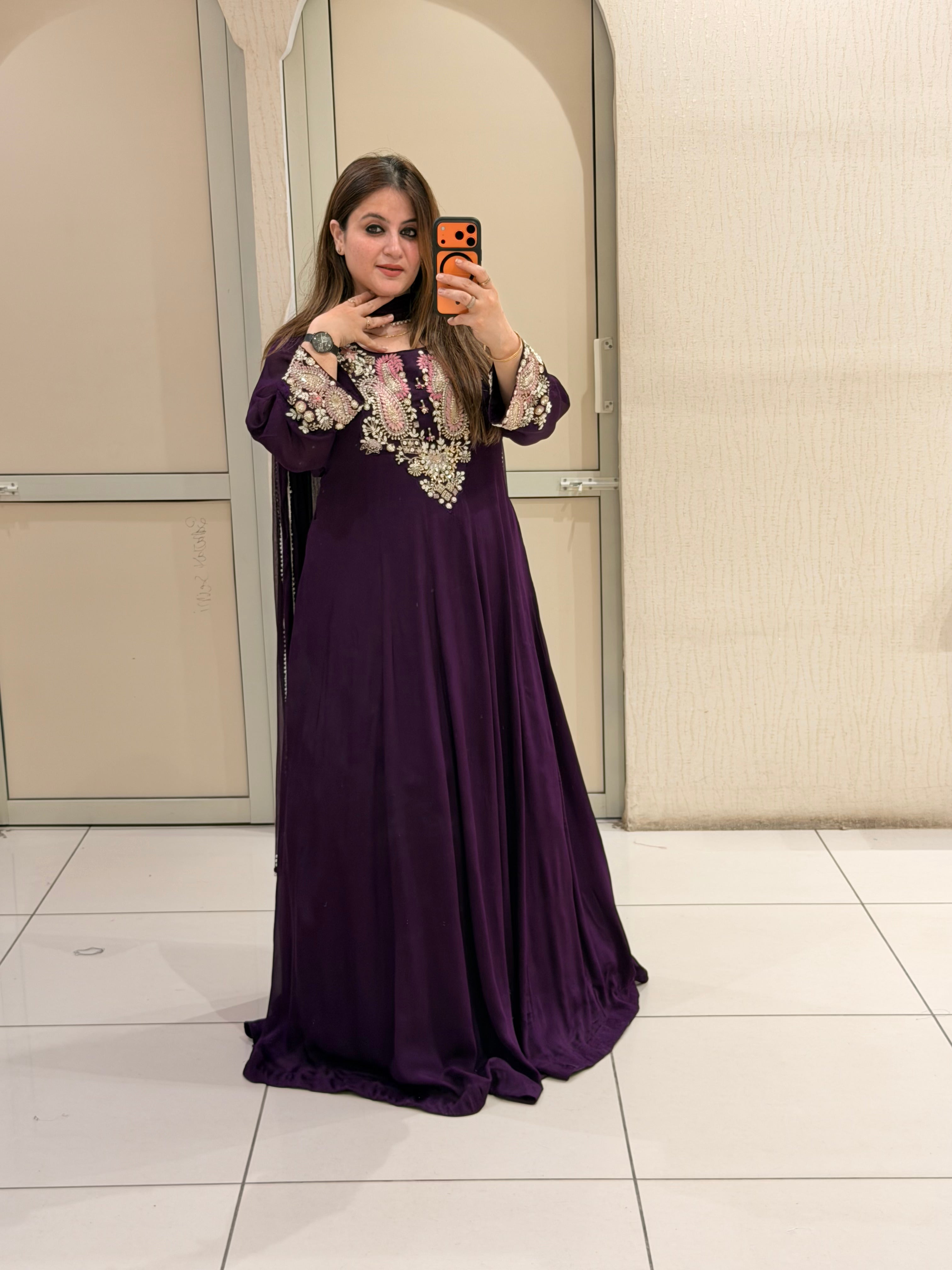 Wine Purple Handwork Embroidered Party Wear Maxi Dress