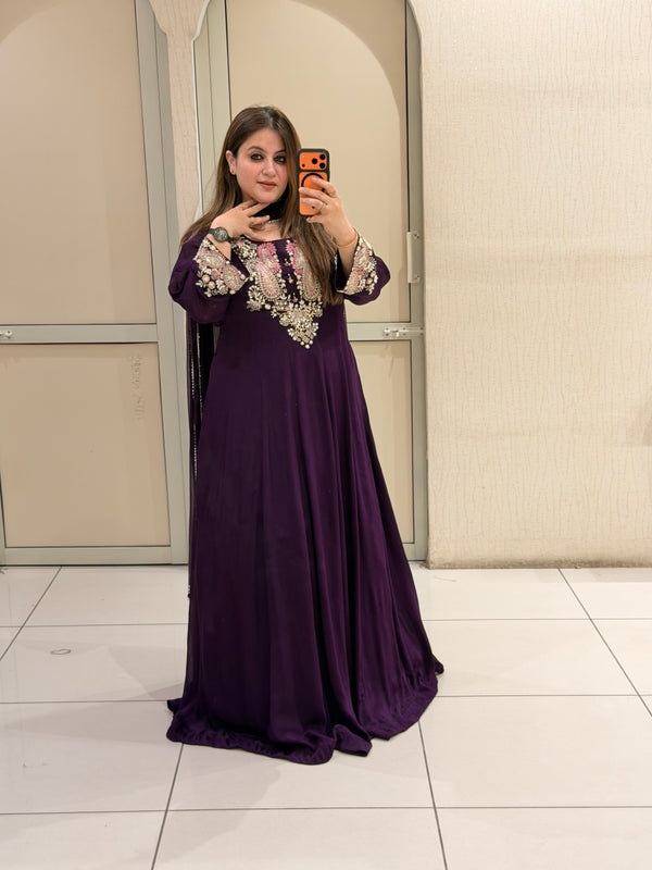 Wine Purple Handwork Embroidered Party Wear Maxi Dress