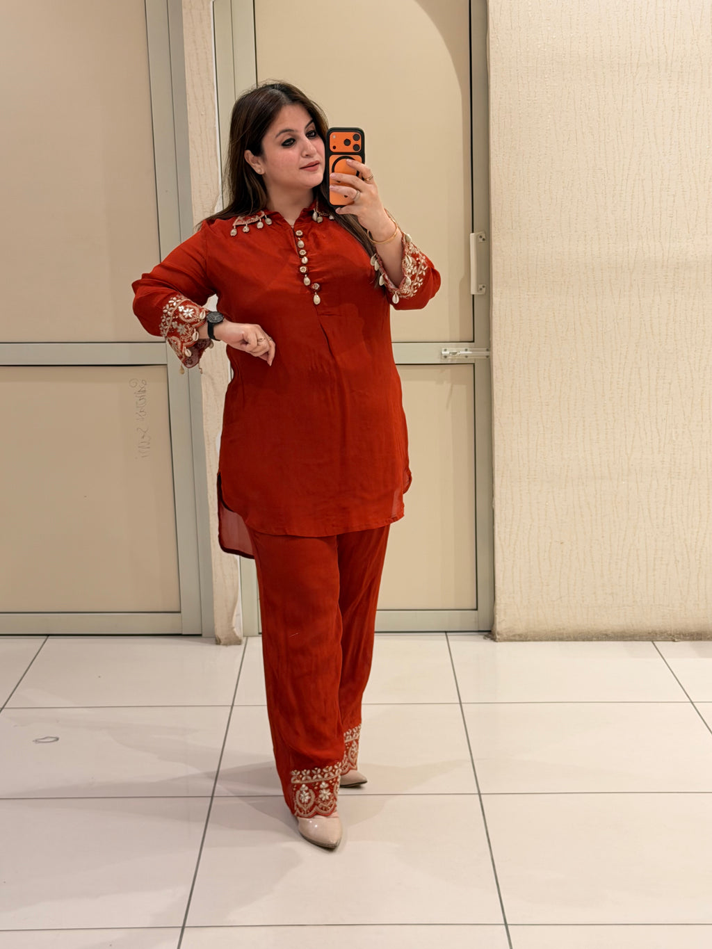 Red Chinon Embroidered Party Wear Kurta Pant Set
