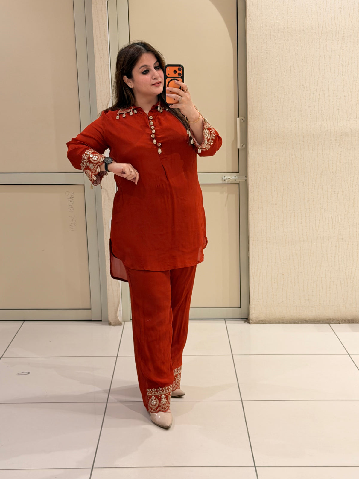Red Chinon Embroidered Party Wear Kurta Pant Set
