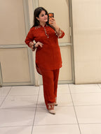 Red Chinon Embroidered Party Wear Kurta Pant Set