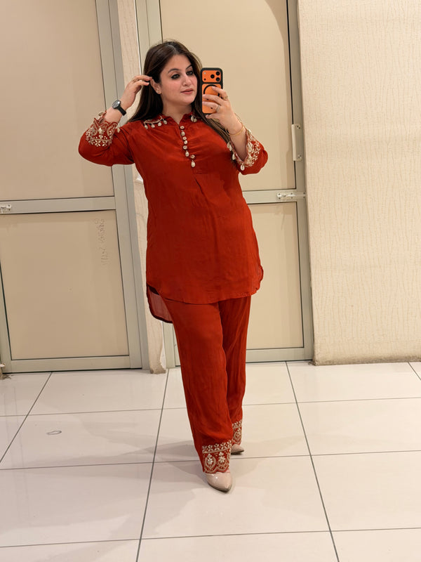 Red Chinon Embroidered Party Wear Kurta Pant Set