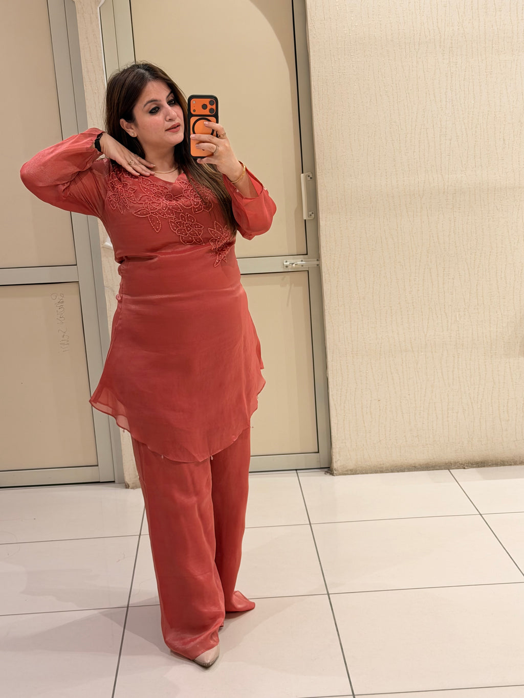 Coral Red Embroidered Party Wear Two-Piece Suit Set