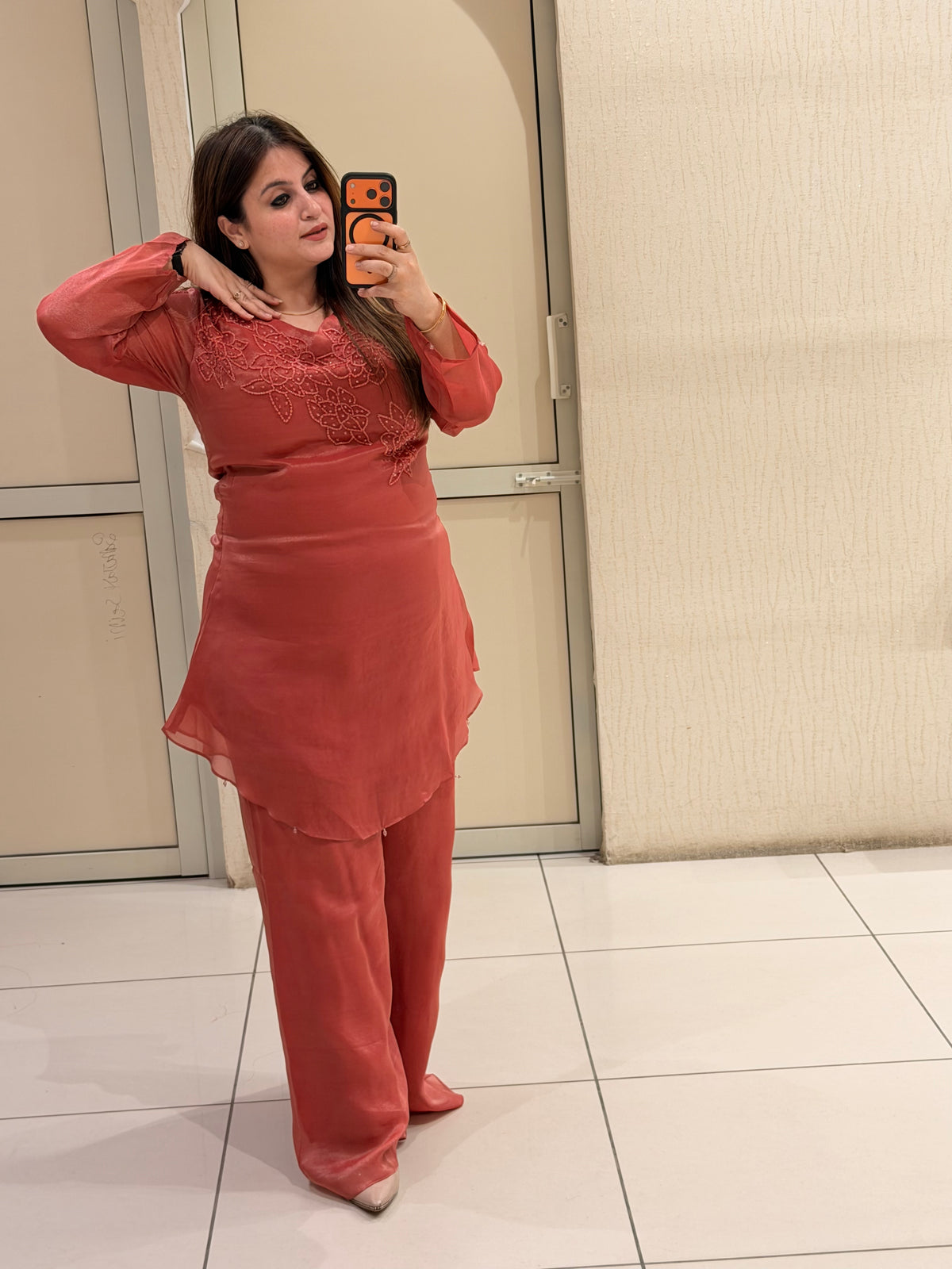 Coral Red Embroidered Party Wear Two-Piece Suit Set