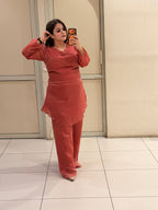 Coral Red Embroidered Party Wear Two-Piece Suit Set