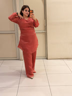 Coral Red Embroidered Party Wear Two-Piece Suit Set
