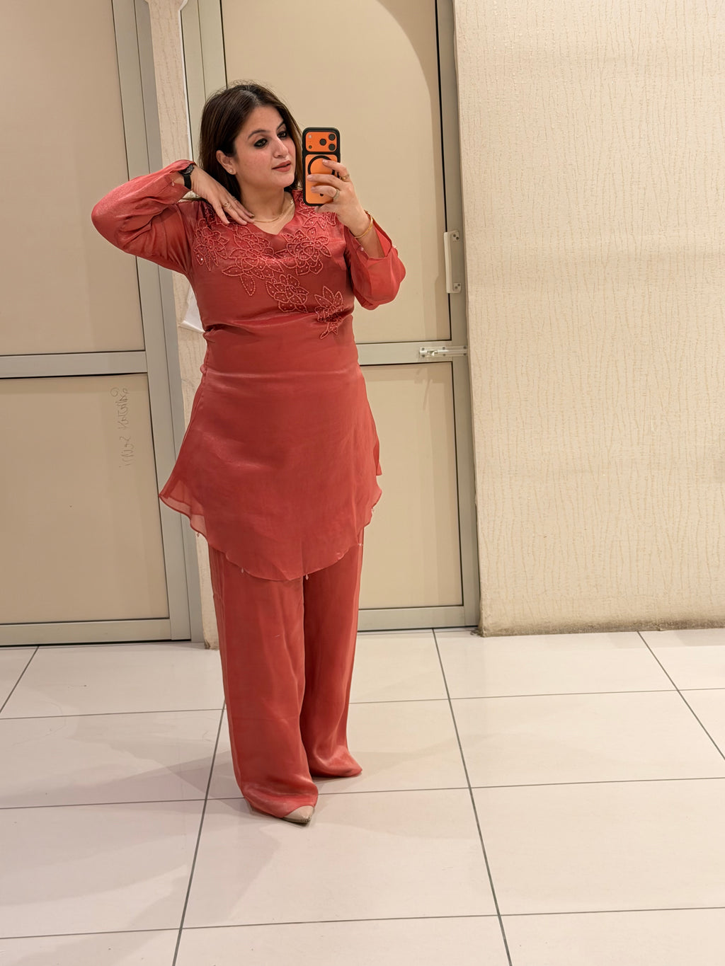 Coral Red Embroidered Party Wear Two-Piece Suit Set