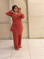 Coral Red Embroidered Party Wear Two-Piece Suit Set