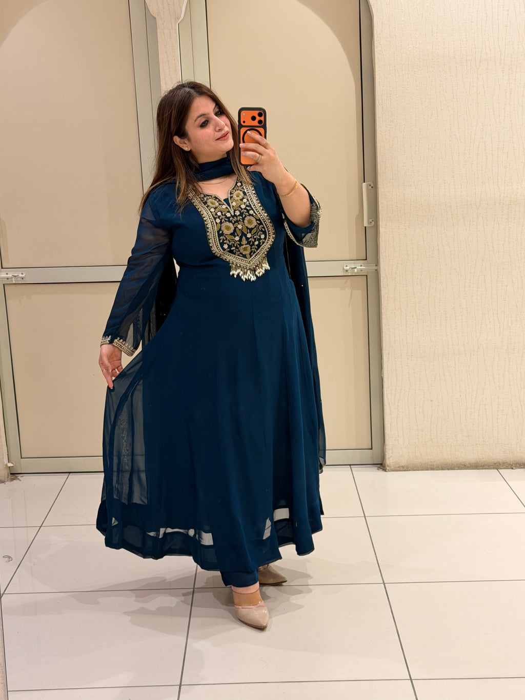 Teal Blue Pure Georgette Handwork Party Wear Anarkali Suit Set