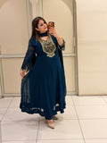 Teal Blue Pure Georgette Handwork Party Wear Anarkali Suit Set