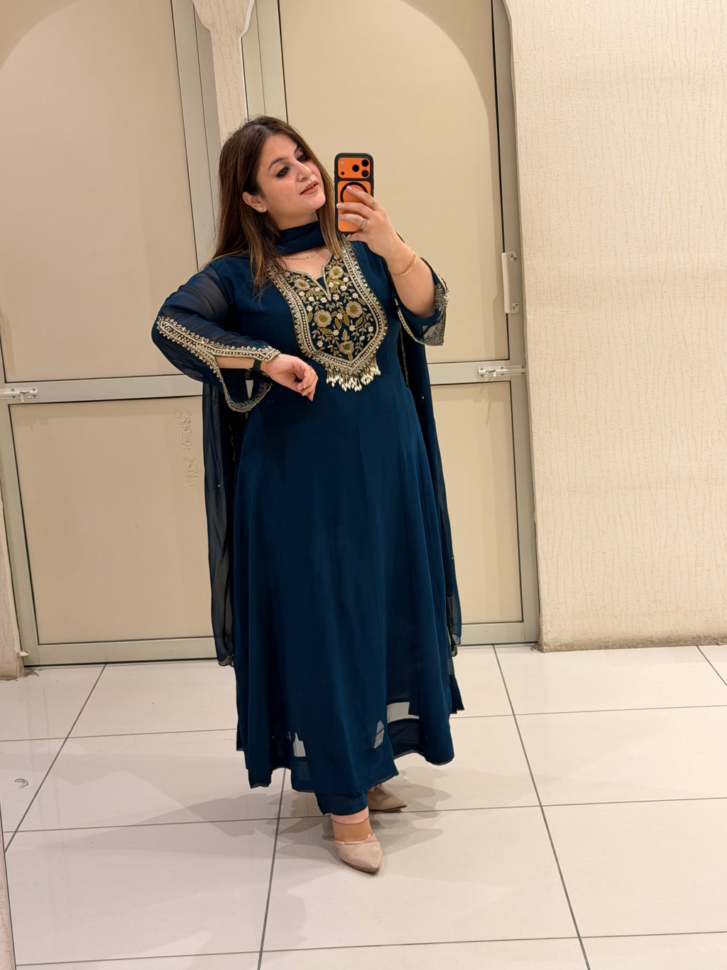 Teal Blue Pure Georgette Handwork Party Wear Anarkali Suit Set