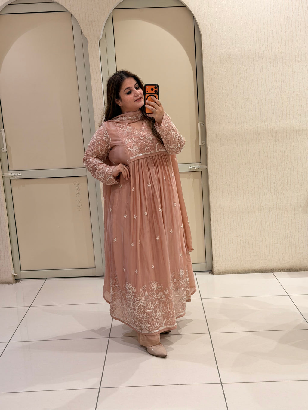Peach Chinon Floral Embroidered Party Wear Anarkali Suit