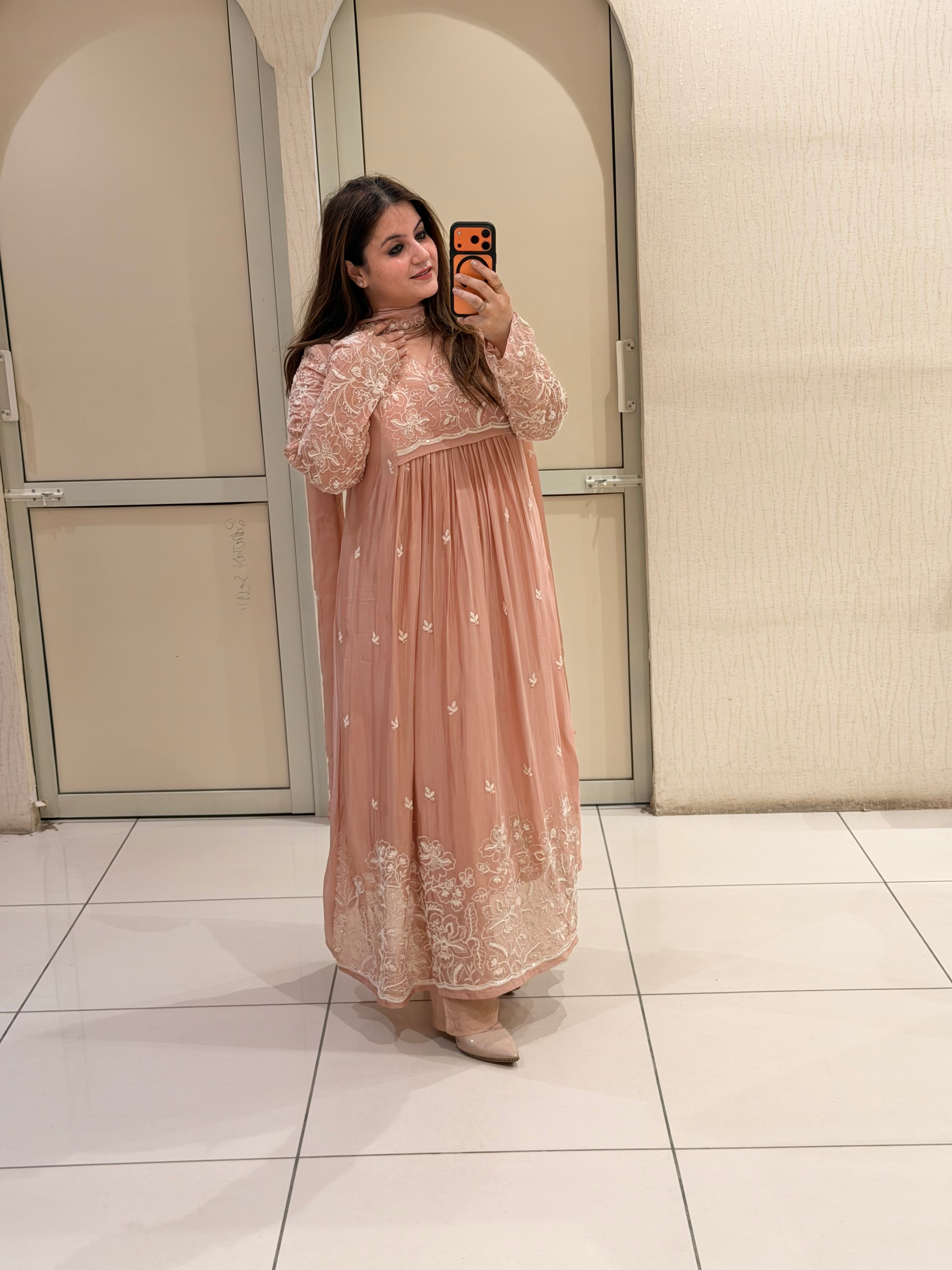 Peach Chinon Floral Embroidered Party Wear Anarkali Suit