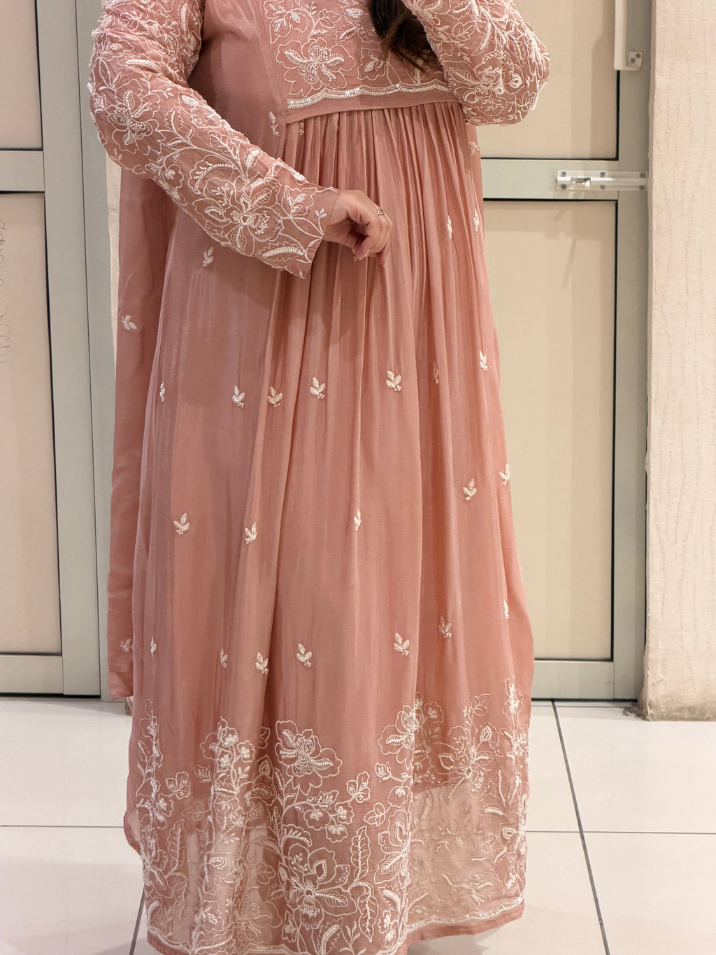 Peach Chinon Floral Embroidered Party Wear Anarkali Suit