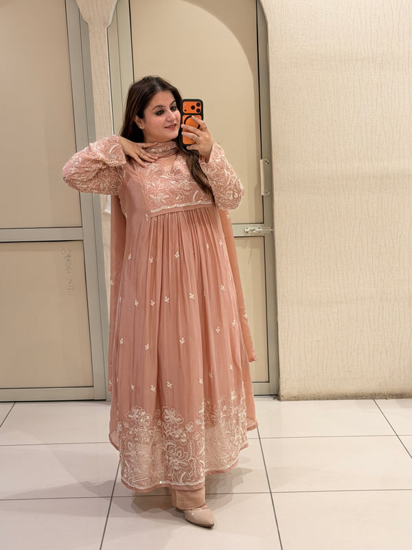 Peach Chinon Floral Embroidered Party Wear Anarkali Suit