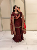 Wine Maroon Chinon Floral Printed Embroidered Party Wear Suit Set