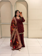 Wine Maroon Chinon Floral Printed Embroidered Party Wear Suit Set