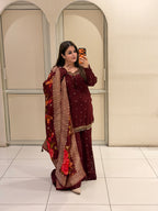 Wine Maroon Chinon Floral Printed Embroidered Party Wear Suit Set