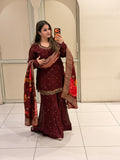 Wine Maroon Chinon Floral Printed Embroidered Party Wear Suit Set