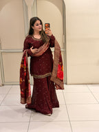 Wine Maroon Chinon Floral Printed Embroidered Party Wear Suit Set