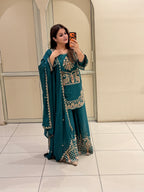 Teal Green Handwork Embroidered Sharara Suit Set with Dupatta