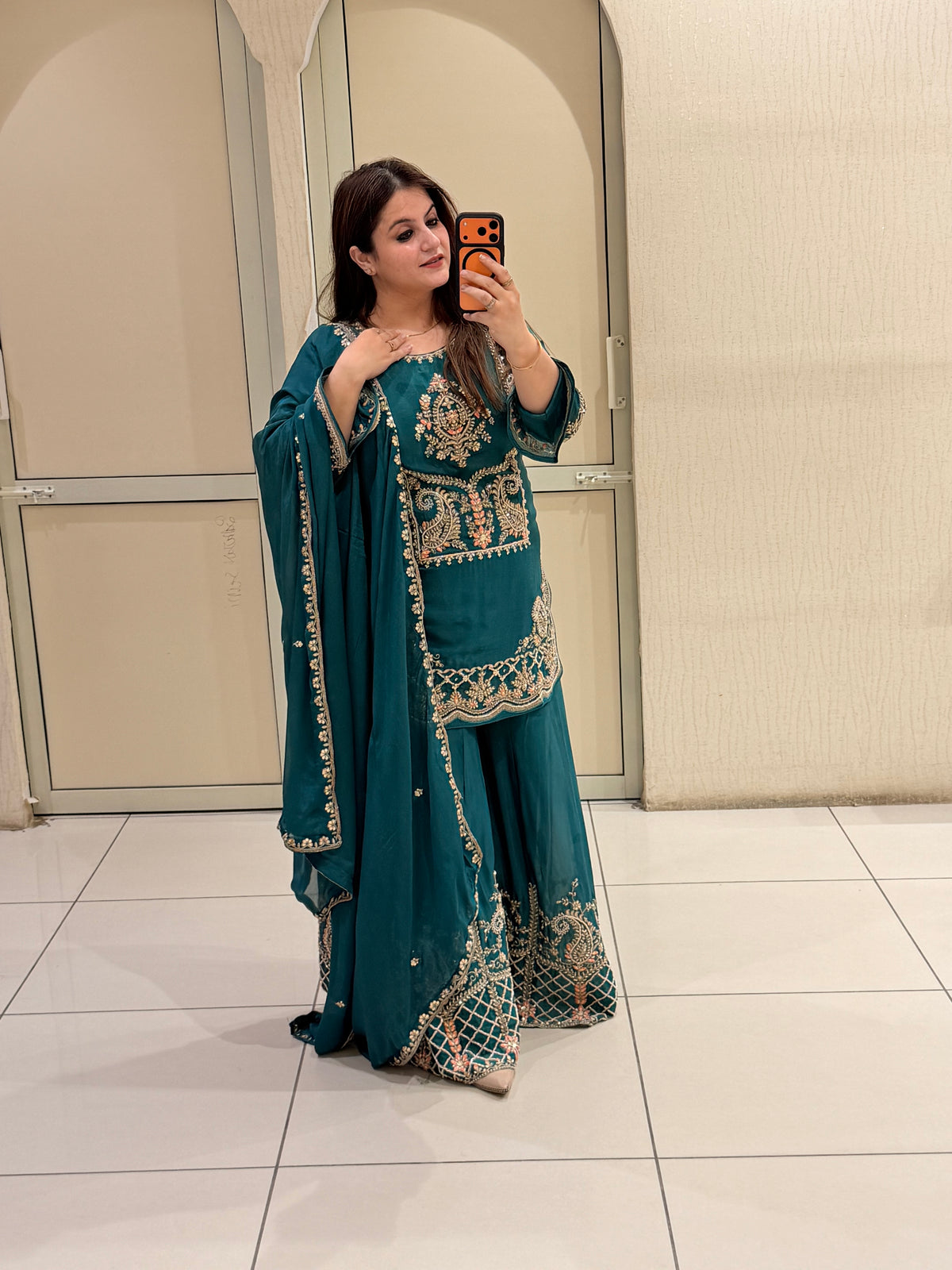Teal Green Handwork Embroidered Sharara Suit Set with Dupatta